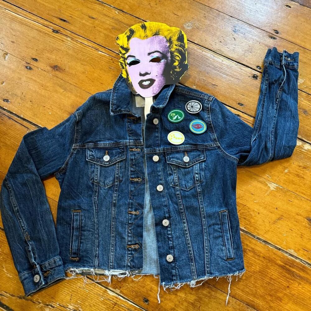 Raw Edge Stretch Jean Jacket‎ with Vintage Patches Sz S